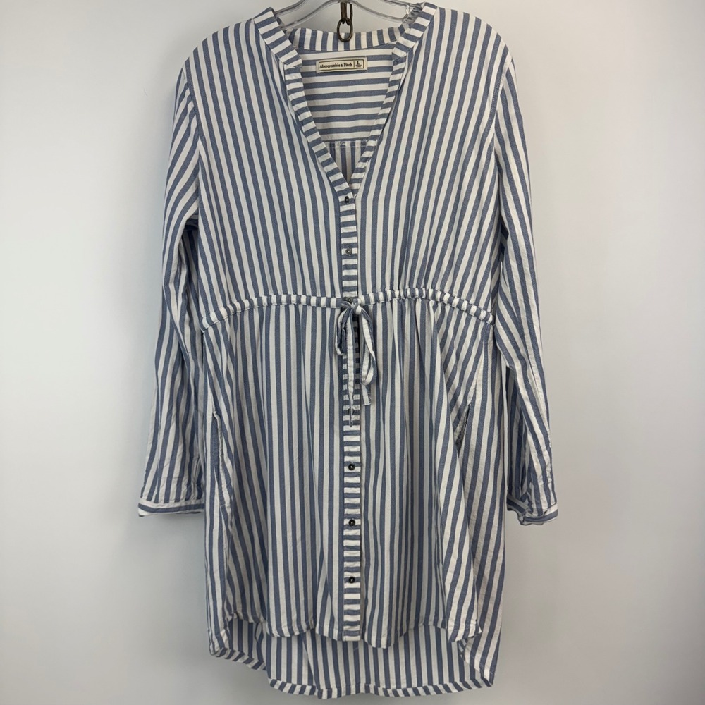 Abercrombie & Fitch Dress Women Large Blue White Stripe Button Front Tie Waist